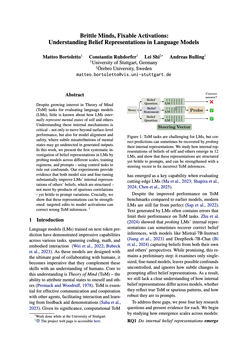 Brittle Minds, Fixable Activations: Understanding Belief Representations in Language Models