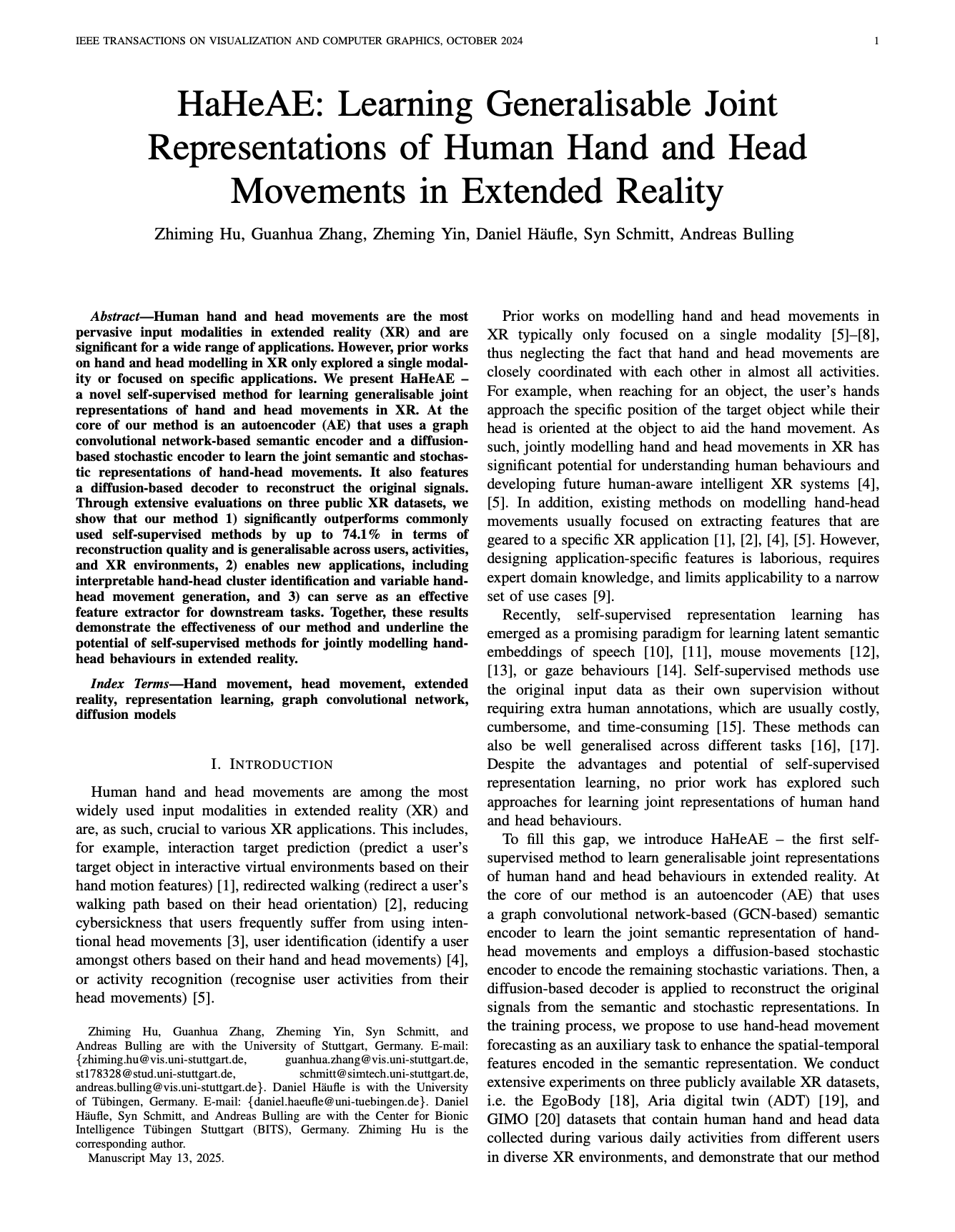 HaHeAE: Learning Generalisable Joint Representations of Human Hand and Head Movements in Extended Reality