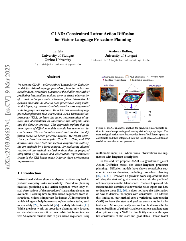 CLAD: Constrained Latent Action Diffusion for Vision-Language Procedure Planning